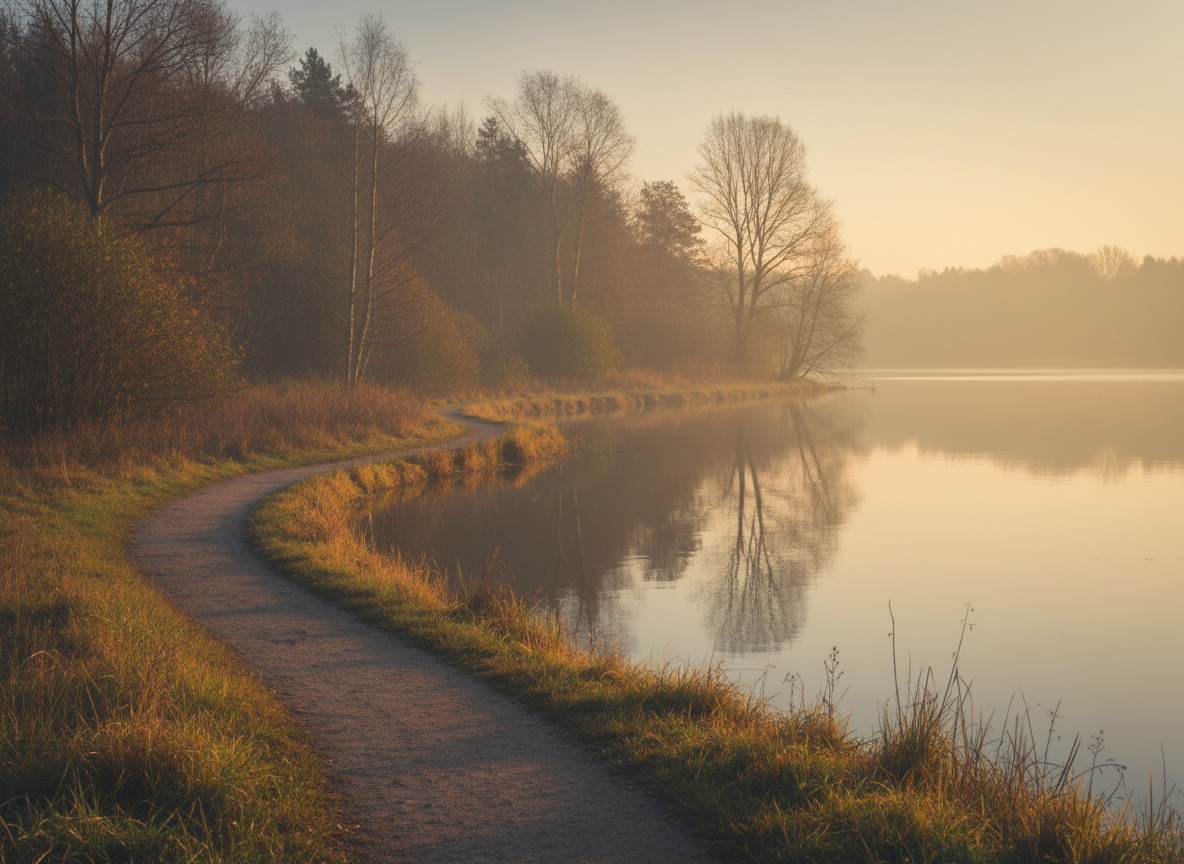 A sophisticated, contemplative editorial landscape for a literary multilingual blog post: a quiet path beside a lake at late afternoon, soft golden light filtering through distant trees, subtle seasonal atmosphere, gentle reflections on the water, poetic and nostalgic mood, elegant fine-art photography, muted natural colors, no people, no text, suitable as a blog featured image.