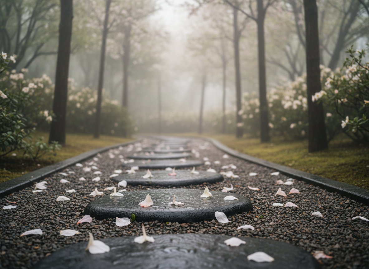 A refined, contemplative editorial photograph for a literary blog post titled '사라짐 이후의 아름다움' (Beauty After Vanishing): a quiet rain-washed garden path, a few fallen petals resting on dark stone, soft dawn light filtering through mist, poetic atmosphere, muted neutral tones, elegant fine-art photography, no text, no people.