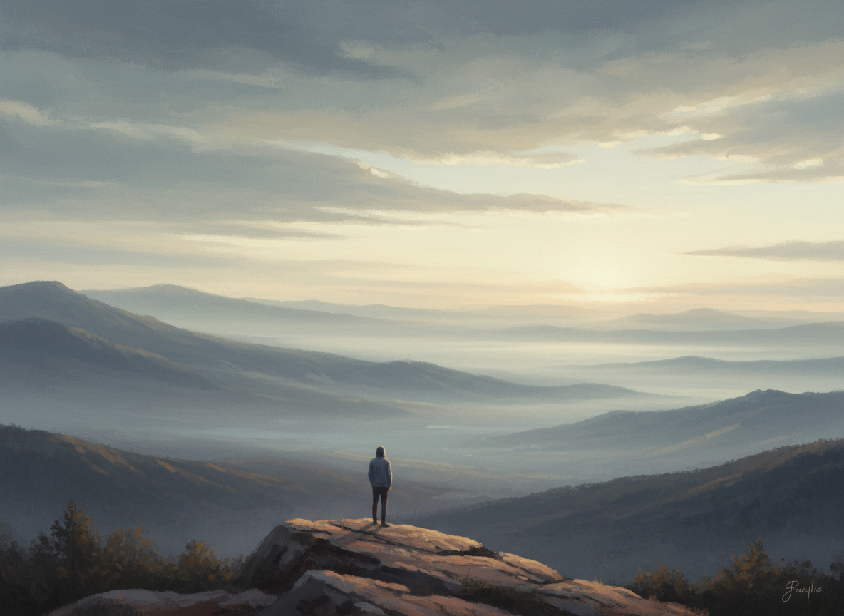 A sophisticated, quiet editorial artwork for a reflective multilingual blog essay about the depth of looking: a solitary figure seen from behind standing before a vast misty landscape at dawn, subtle layers of distance, soft muted blue-gray and warm ivory tones, poetic atmosphere, contemplative, painterly fine-art photography feel, no text, no typography, no logo, landscape composition suitable for a blog featured image.