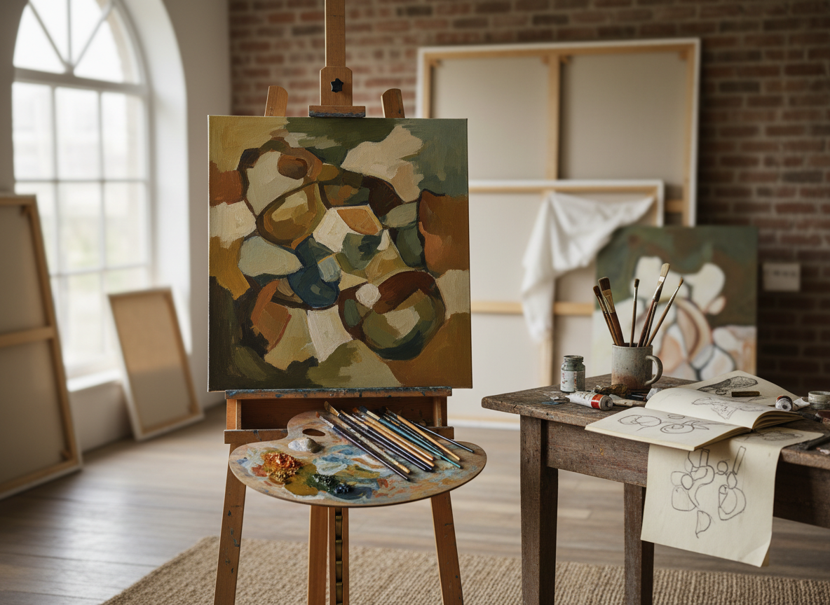 A sophisticated editorial photograph for a fine-art blog post: a quiet artist's studio in soft natural window light, an easel holding a partially finished abstract painting on canvas, brushes and a palette with muted earthy pigments, handwritten sketches and paint tubes on a wooden table, intimate atmosphere, realistic fine-art photography, elegant composition, no people, no text, no logos.