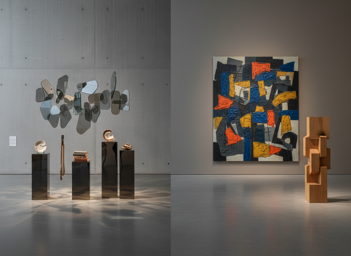 A sophisticated editorial blog feature image about understanding the difference between contemporary art and abstract art: a modern art gallery interior with two contrasting visual zones, one suggesting contemporary conceptual art through installation-like forms and one suggesting abstract art through expressive geometric shapes, layered colors, texture and nonrepresentational composition. No text, no logos, no recognizable copyrighted artwork, elegant museum lighting, refined contemporary art magazine style.